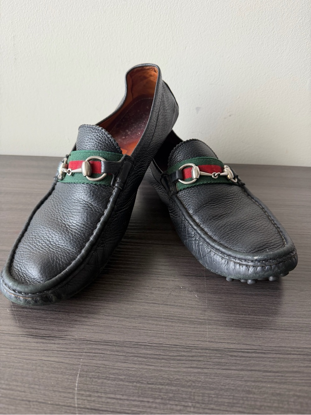 Gucci Mens Horsebit Web Loafers Black Leather Drivers Slip On  Size 11.5 US 12